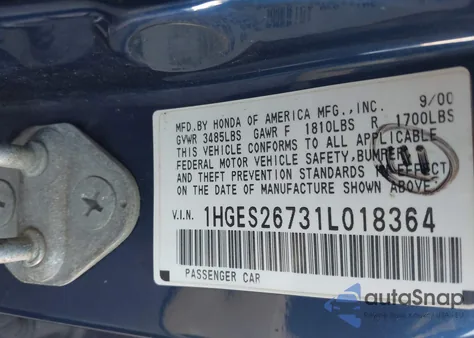 2001 Honda Civic Ex из США, поврежденный, VIN 1HGES26731L018364